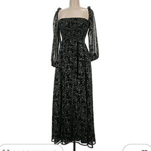 Black Floral Long-Sleeve Maxi Dress with Sheer Sleeves